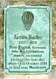 Photo of wall plaque commemorating the first English balloon flight, by aeronaut James Sadler, from Oxford to Woodeaton
